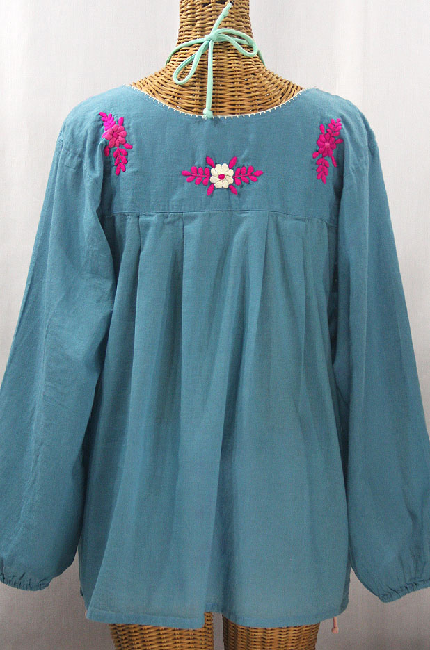 "La Mariposa Larga" Embroidered Mexican Style Peasant Top - Pool + Bright Pink Multi