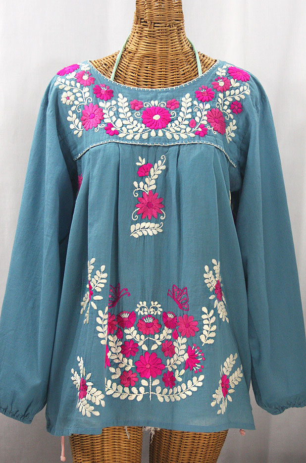 "La Mariposa Larga" Embroidered Mexican Style Peasant Top - Pool + Bright Pink Multi