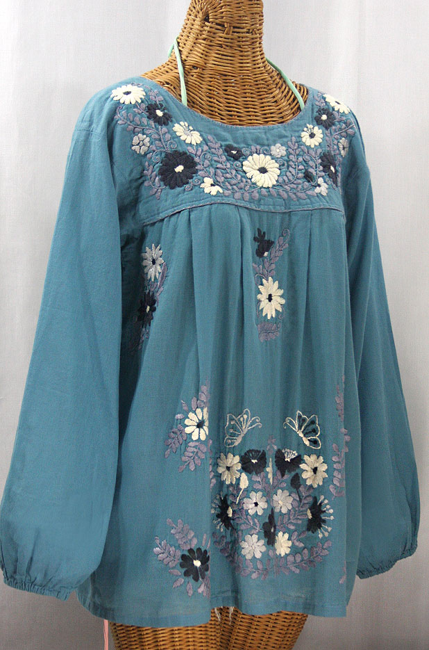 "La Mariposa Larga" Embroidered Mexican Style Peasant Top - Pool + Grey Mix