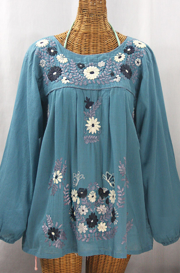 "La Mariposa Larga" Embroidered Mexican Style Peasant Top - Pool + Grey Mix