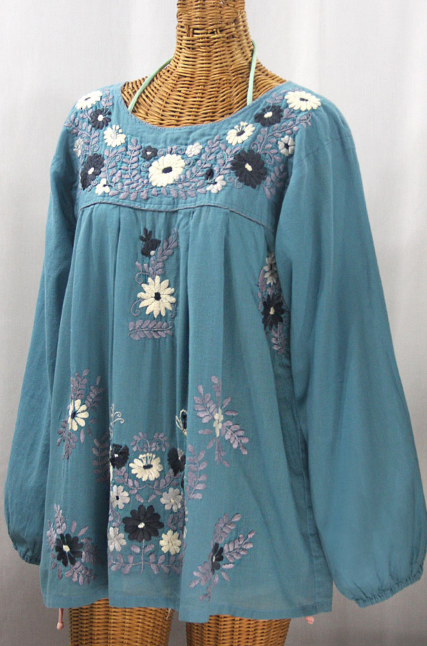 "La Mariposa Larga" Embroidered Mexican Style Peasant Top - Pool + Grey Mix