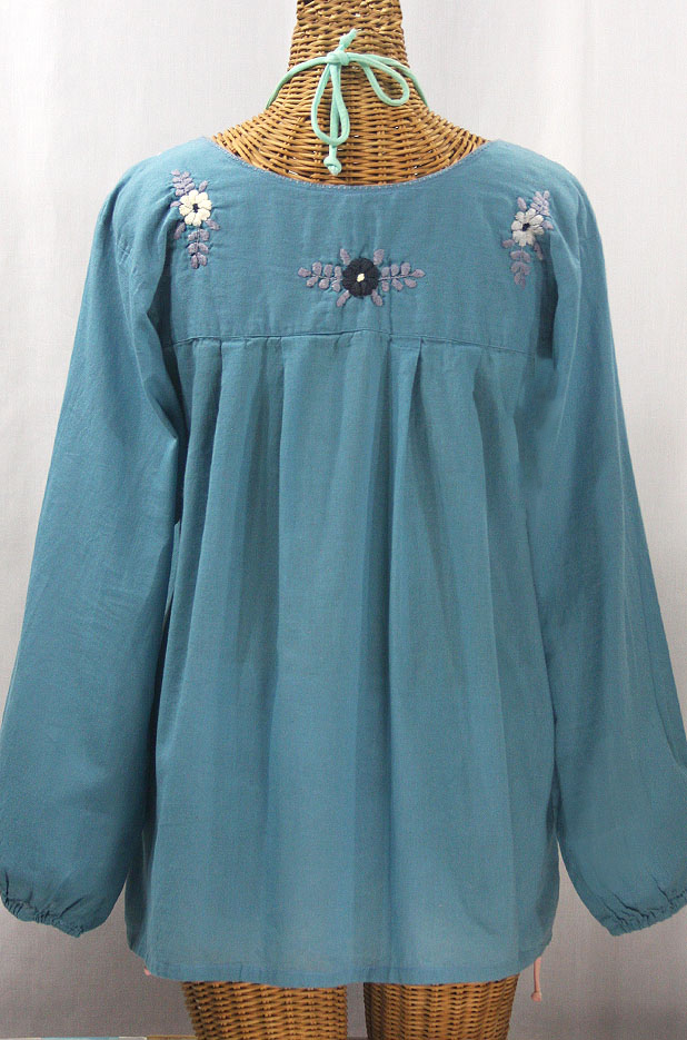 "La Mariposa Larga" Embroidered Mexican Style Peasant Top - Pool + Grey Mix