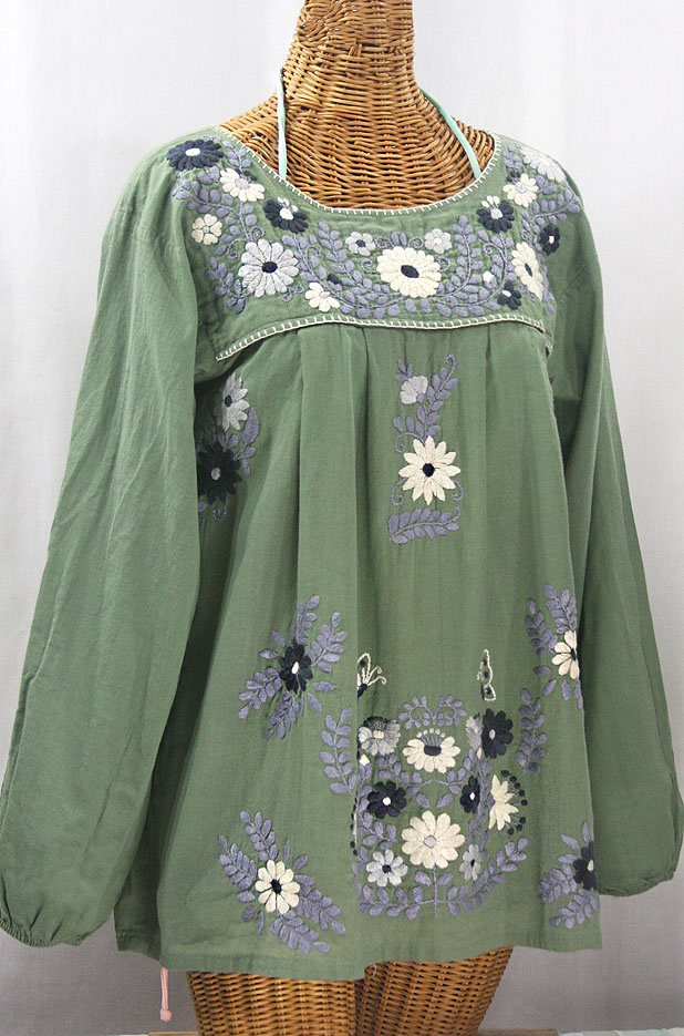 "La Mariposa Larga" Embroidered Mexican Style Peasant Top - Sage + Grey Mix