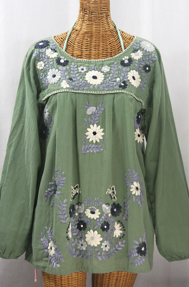 "La Mariposa Larga" Embroidered Mexican Style Peasant Top - Sage + Grey Mix