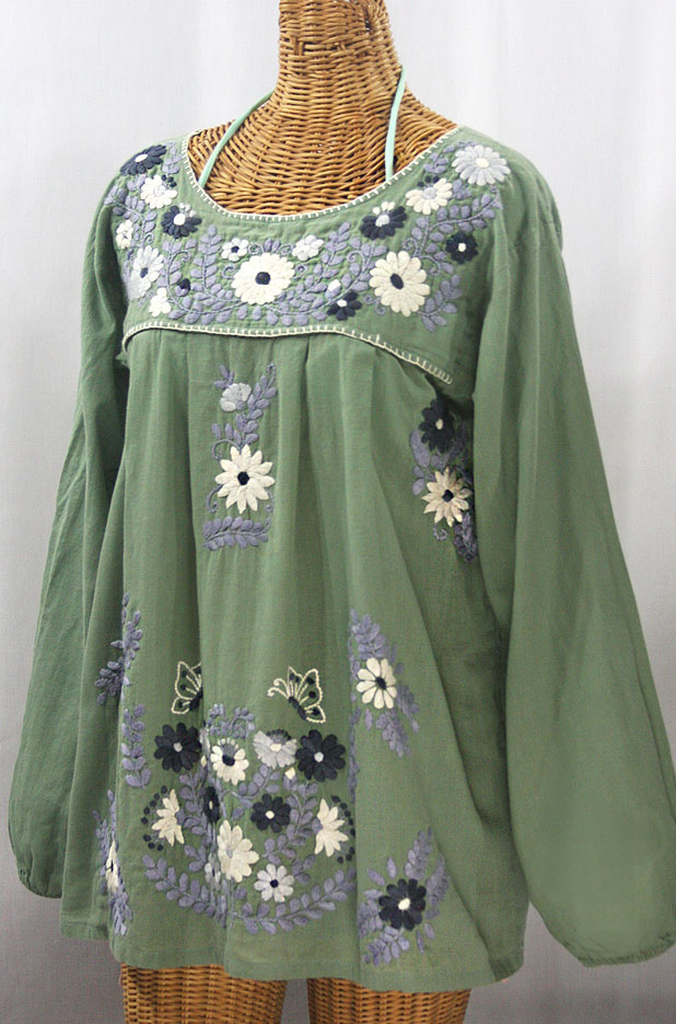 "La Mariposa Larga" Embroidered Mexican Style Peasant Top - Sage + Grey Mix