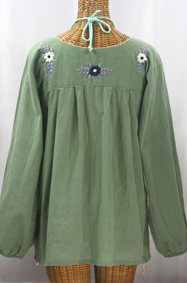 "La Mariposa Larga" Embroidered Mexican Style Peasant Top - Sage + Grey Mix