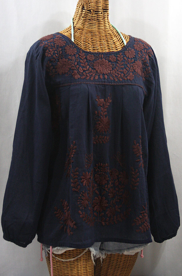 "La Mariposa Larga" Embroidered Mexican Style Peasant Top - Navy + Brown