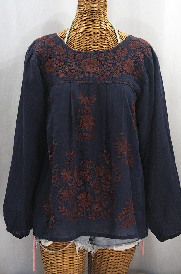 "La Mariposa Larga" Embroidered Mexican Style Peasant Top - Navy + Brown