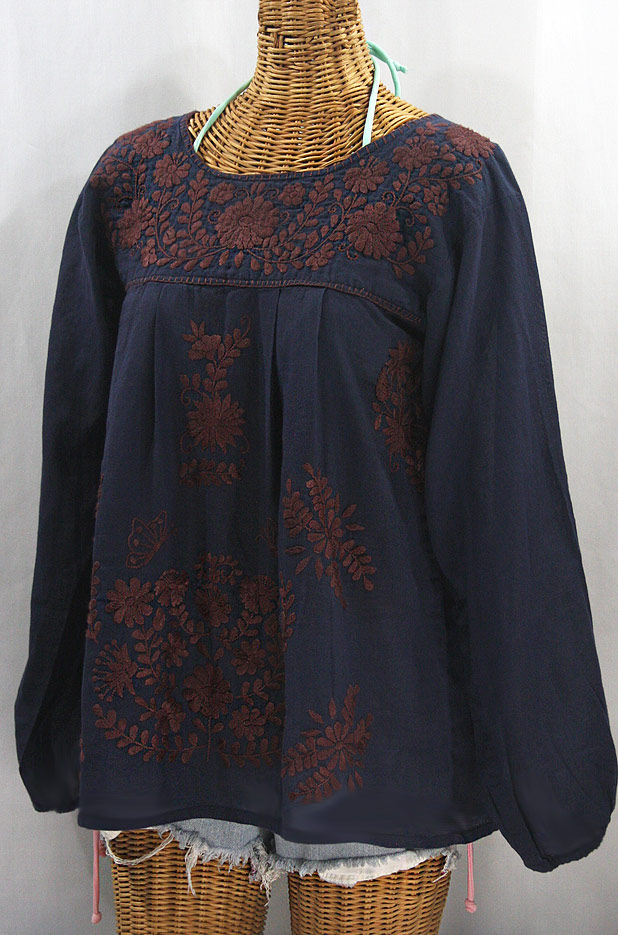 "La Mariposa Larga" Embroidered Mexican Style Peasant Top - Navy + Brown