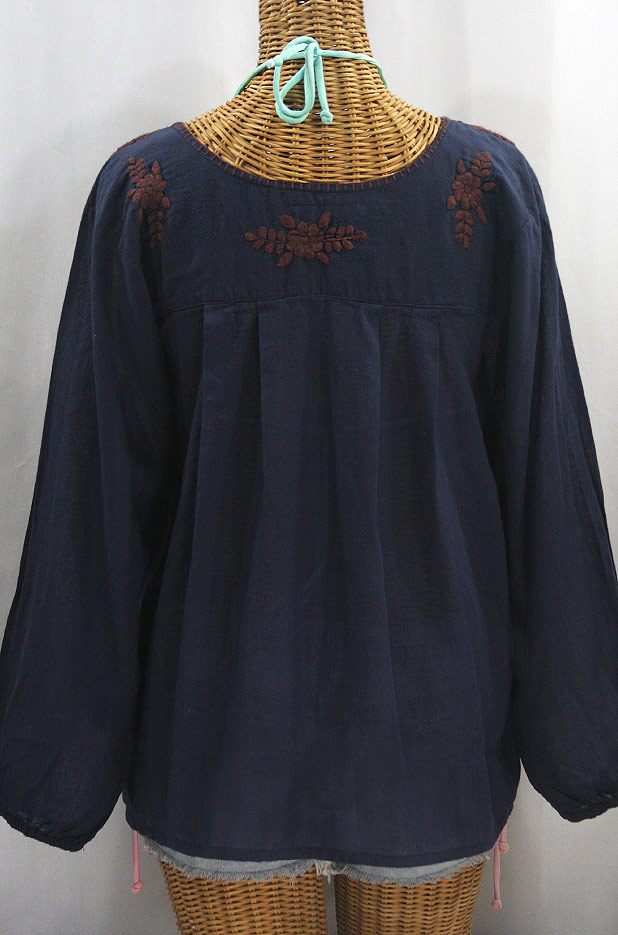 "La Mariposa Larga" Embroidered Mexican Style Peasant Top - Navy + Brown