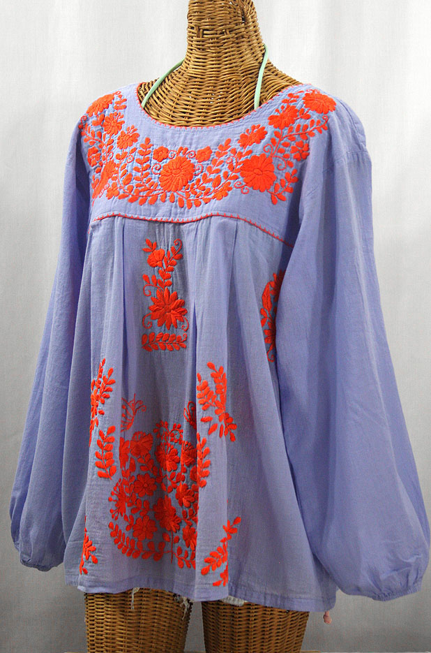 "La Mariposa Larga de Color" Long Sleeve Mexican Blouse - Periwinkle + Orange