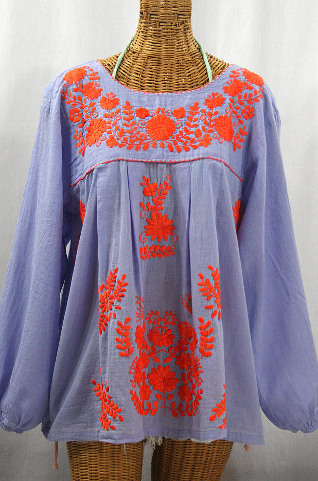 "La Mariposa Larga de Color" Long Sleeve Mexican Blouse - Periwinkle + Orange