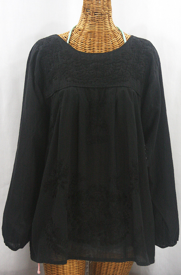 "La Mariposa Larga de Color" Long Sleeve Mexican Blouse - All Black