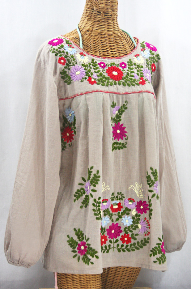 "La Mariposa Larga" Embroidered Mexican Style Peasant Top - Greige + Multi