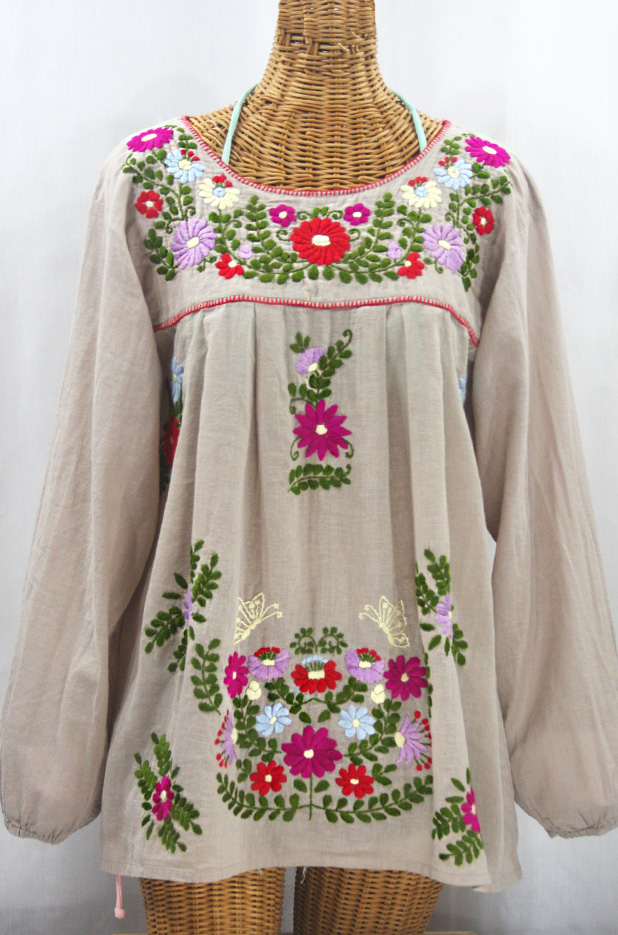 "La Mariposa Larga" Embroidered Mexican Style Peasant Top - Greige + Multi