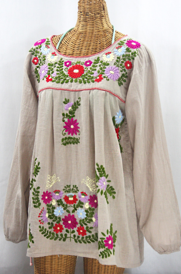 "La Mariposa Larga" Embroidered Mexican Style Peasant Top - Greige + Multi