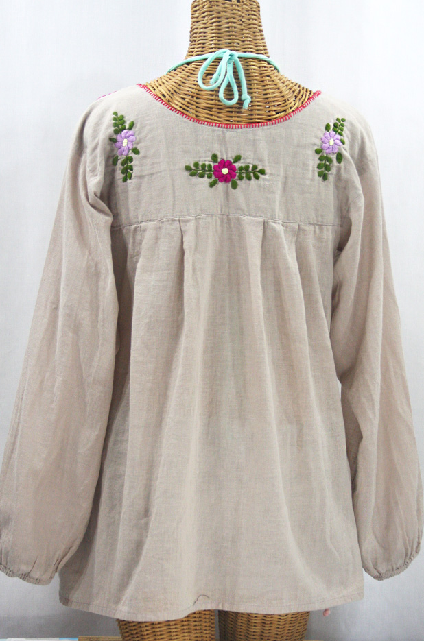 "La Mariposa Larga" Embroidered Mexican Style Peasant Top - Greige + Multi