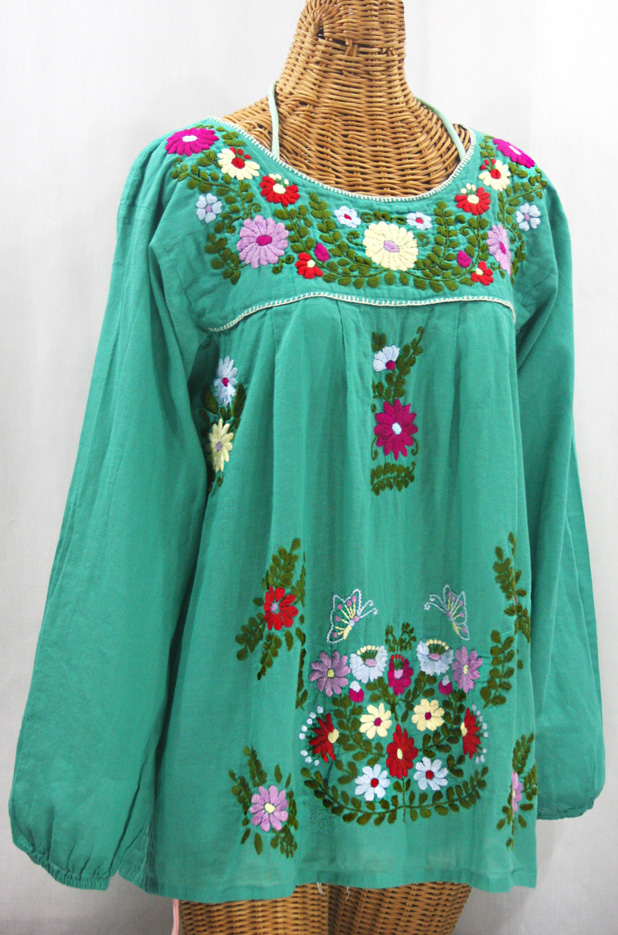"La Mariposa Larga" Embroidered Mexican Style Peasant Top - Mint + Multi