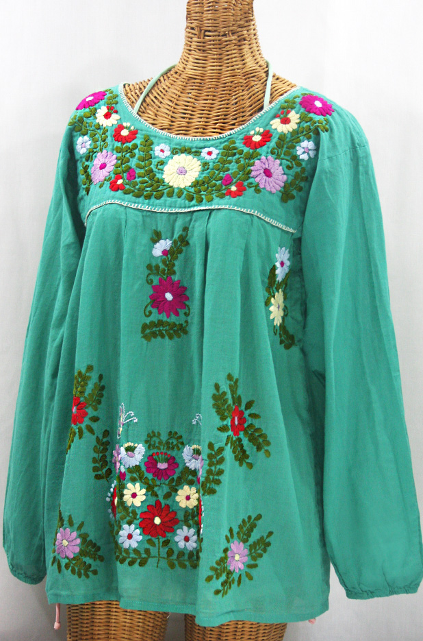 "La Mariposa Larga" Embroidered Mexican Style Peasant Top - Mint + Multi