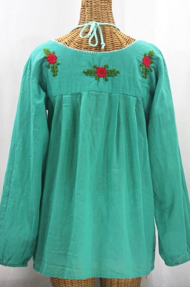 "La Mariposa Larga" Embroidered Mexican Style Peasant Top - Mint + Multi