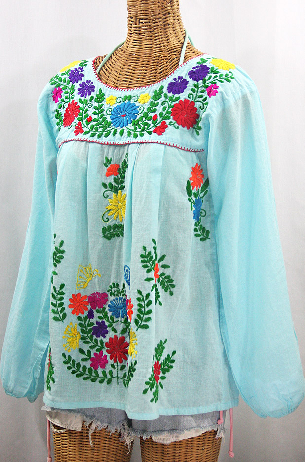 "La Mariposa Larga" Embroidered Mexican Style Peasant Top - Pale Blue + Rainbow