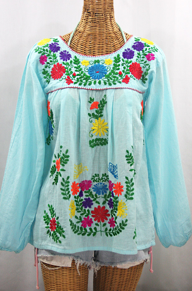 "La Mariposa Larga" Embroidered Mexican Style Peasant Top - Pale Blue + Rainbow