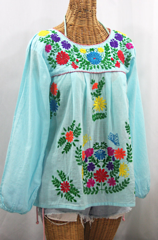 "La Mariposa Larga" Embroidered Mexican Style Peasant Top - Pale Blue + Rainbow
