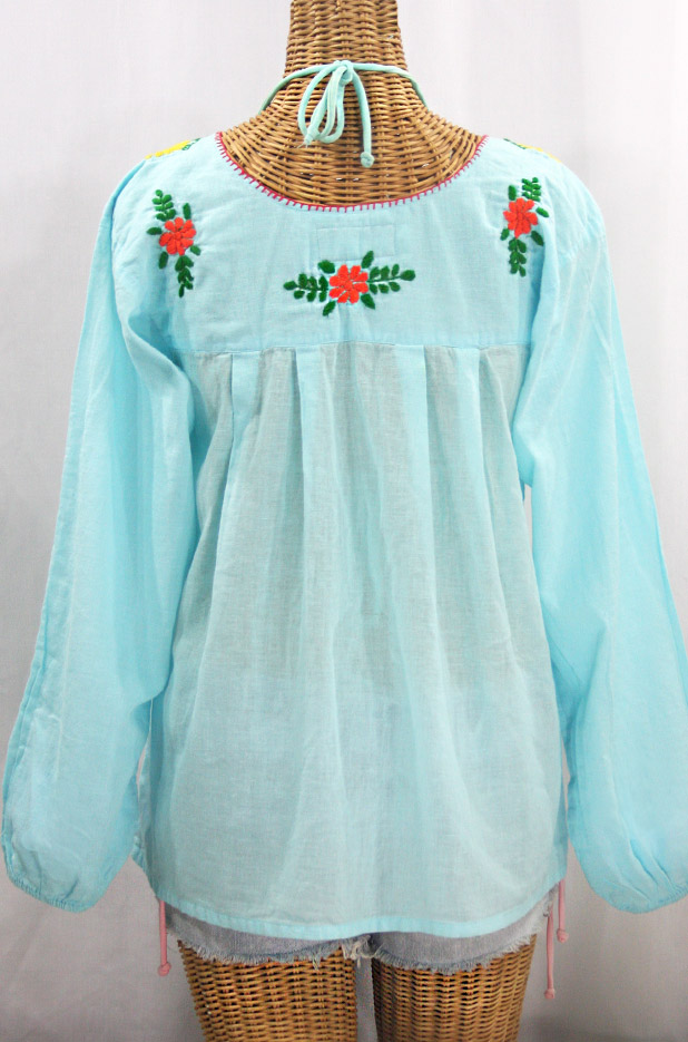 "La Mariposa Larga" Embroidered Mexican Style Peasant Top - Pale Blue + Rainbow