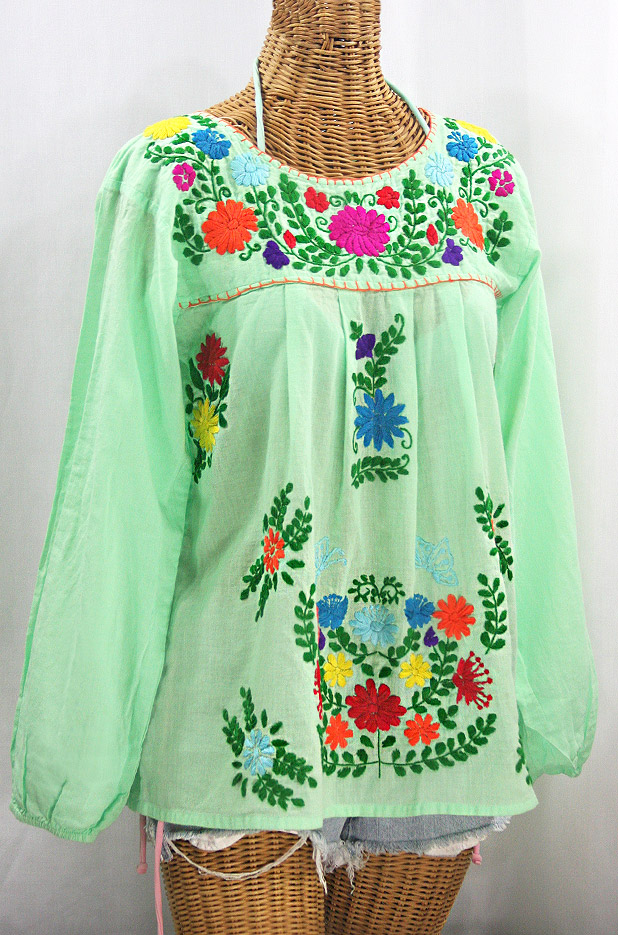 "La Mariposa Larga" Embroidered Mexican Style Peasant Top - Pale Green + Rainbow