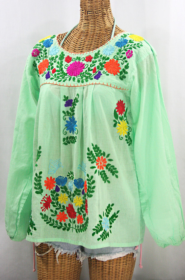 "La Mariposa Larga" Embroidered Mexican Style Peasant Top - Pale Green + Rainbow