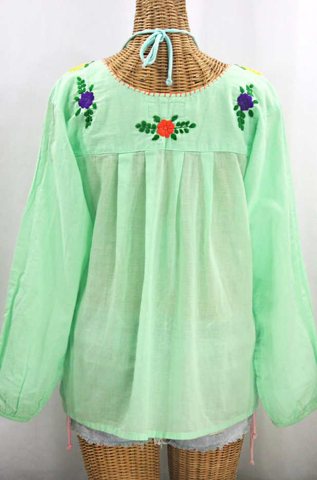 "La Mariposa Larga" Embroidered Mexican Style Peasant Top - Pale Green + Rainbow