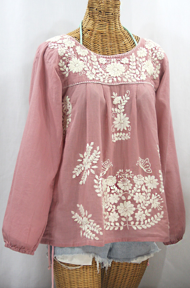 "La Mariposa Larga de Color" Long Sleeve Mexican Blouse - Dusty Light Pink + Cream