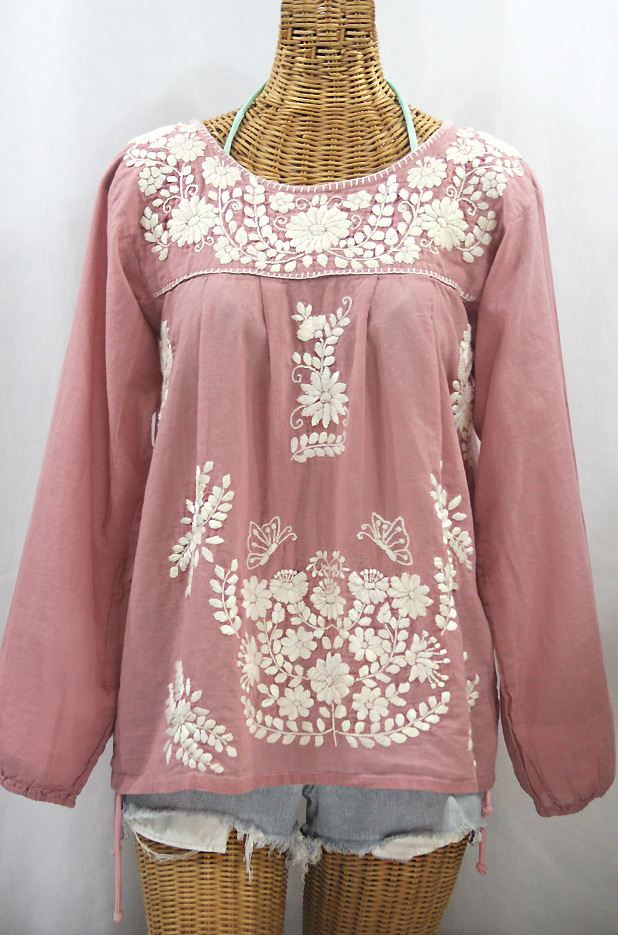 "La Mariposa Larga de Color" Long Sleeve Mexican Blouse - Dusty Light Pink + Cream