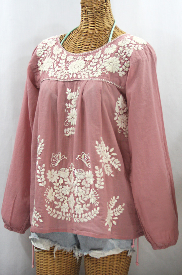 "La Mariposa Larga de Color" Long Sleeve Mexican Blouse - Dusty Light Pink + Cream