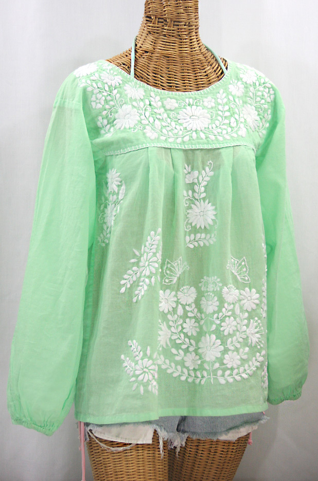 "La Mariposa Larga" Embroidered Mexican Style Peasant Top - Pale Green + White