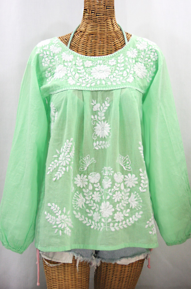 "La Mariposa Larga" Embroidered Mexican Style Peasant Top - Pale Green + White