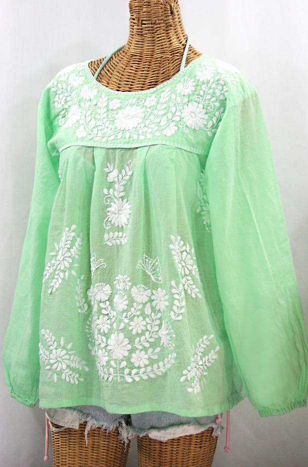 "La Mariposa Larga" Embroidered Mexican Style Peasant Top - Pale Green + White