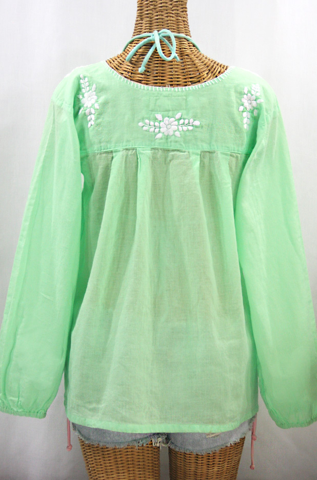 "La Mariposa Larga" Embroidered Mexican Style Peasant Top - Pale Green + White