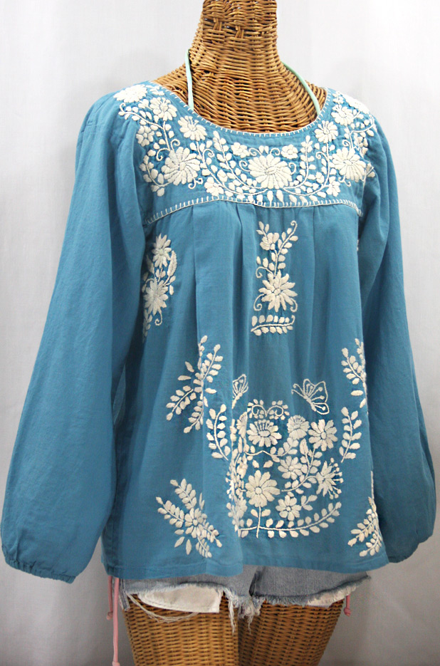 "La Mariposa Larga de Color" Long Sleeve Mexican Blouse - Pool Blue + Cream