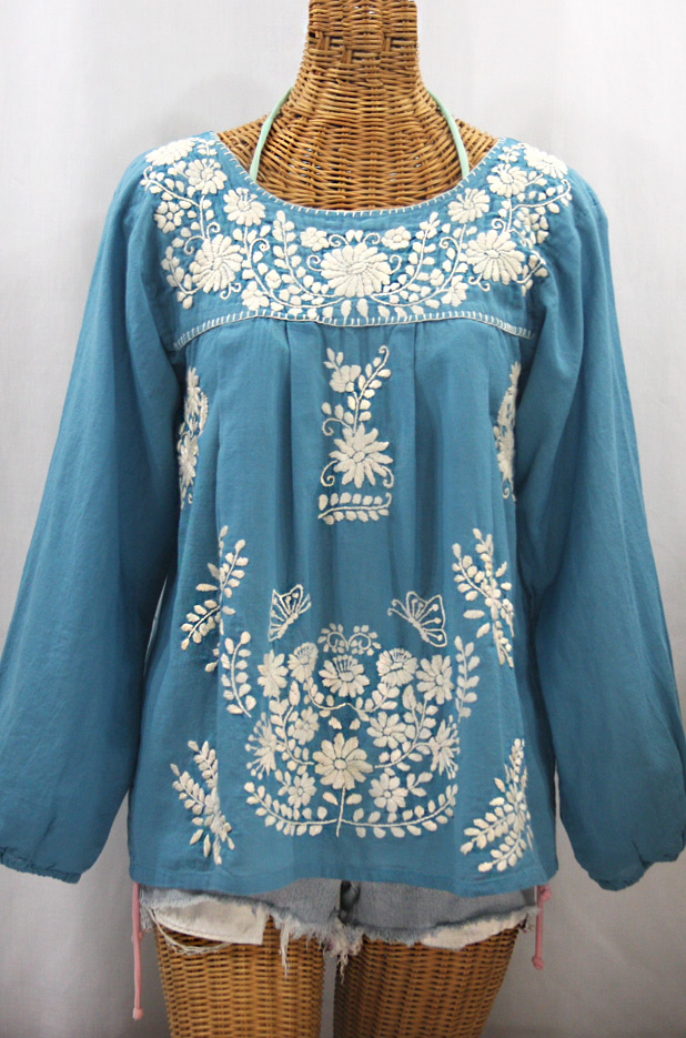 "La Mariposa Larga de Color" Long Sleeve Mexican Blouse - Pool Blue + Cream