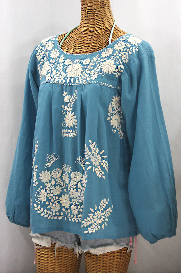 "La Mariposa Larga de Color" Long Sleeve Mexican Blouse - Pool Blue + Cream