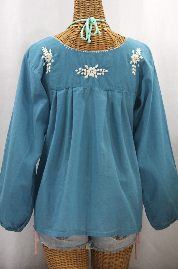 "La Mariposa Larga de Color" Long Sleeve Mexican Blouse - Pool Blue + Cream