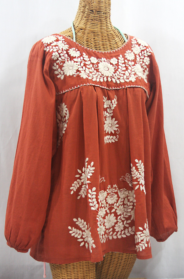 "La Mariposa Larga" Embroidered Mexican Style Peasant Top - Terracotta + Cream