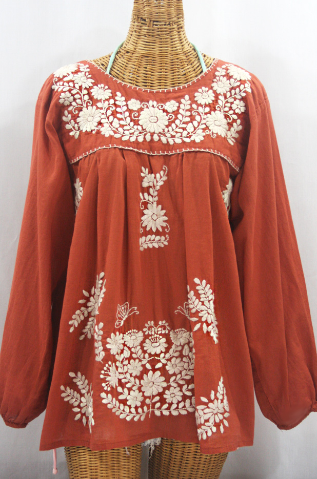 "La Mariposa Larga" Embroidered Mexican Style Peasant Top - Terracotta + Cream