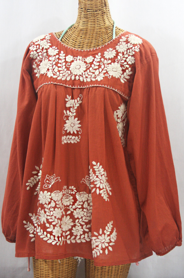 "La Mariposa Larga" Embroidered Mexican Style Peasant Top - Terracotta + Cream