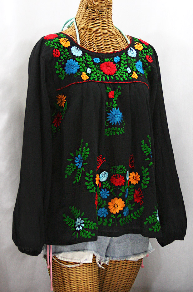 "La Mariposa Larga de Color" Longsleeve Mexican Blouse - Black + Fiesta