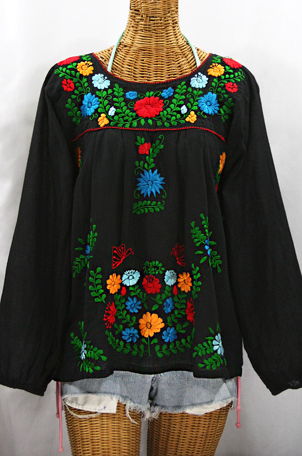 "La Mariposa Larga de Color" Longsleeve Mexican Blouse - Black + Bold Fiesta