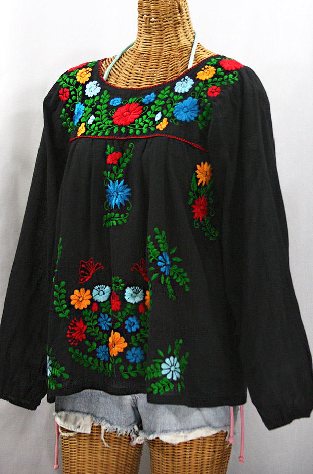 "La Mariposa Larga de Color" Longsleeve Mexican Blouse - Black + Bold Fiesta