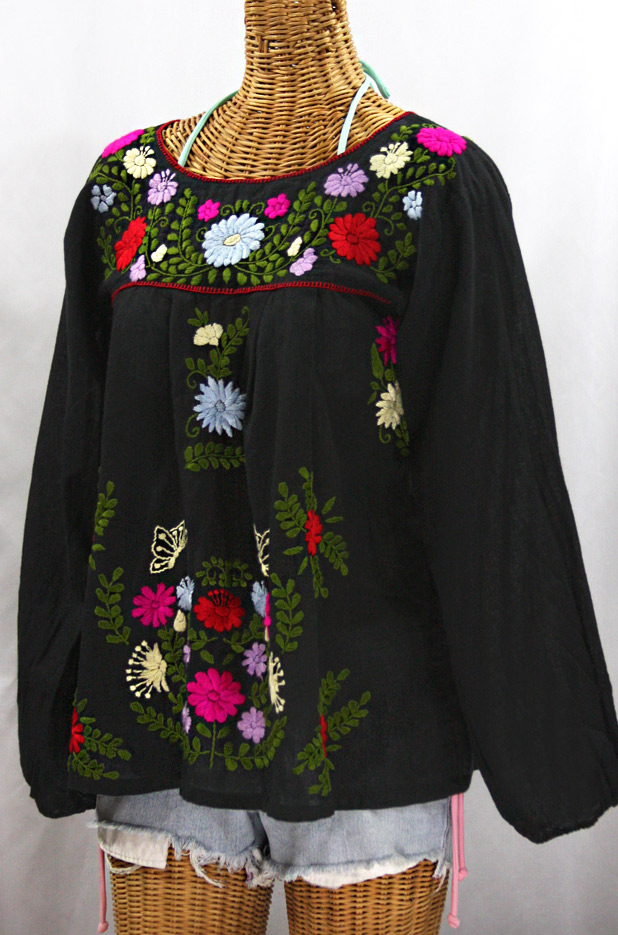 "La Mariposa Larga de Color" Longsleeve Mexican Blouse - Black + Bold Multi