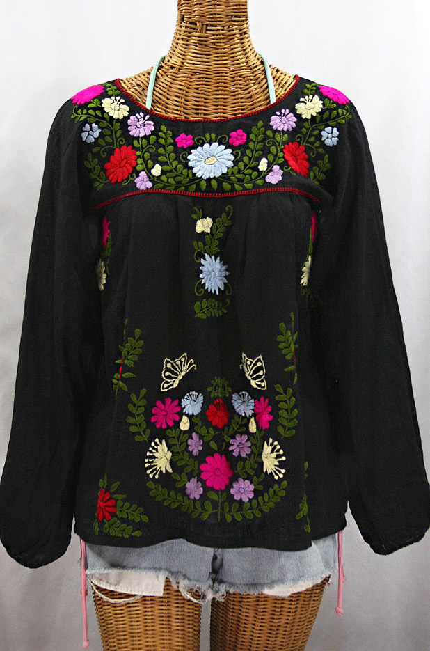 "La Mariposa Larga de Color" Longsleeve Mexican Blouse - Black + Bold Multi